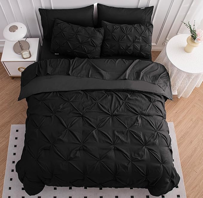 LANE LINEN Queen Comforter Set, 7 Piece Queen Bed Set, Soft Bedding Queen Size, Pintuck Queen Bed in a Bag Set, Black Comforter Queen, Queen Bed Comforter Set with Sheets, Pillowcases & Shams - Black