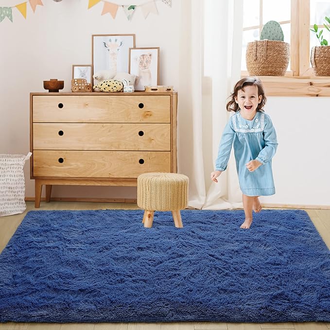 Super Soft Fluffy Shaggy Rugs for Living Room Bedroom, Fuzzy Plush Area Rugs for Girls Kids Room Nursery Home Decor, Furry Dorm Rug Cute Non-Slip Indoor Floor Carpet 5x8 Feet, Navy Blue