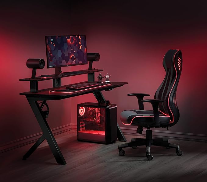 OSP Home Furnishings Area51 Battlestation Gaming Desk with Bluetooth RGB LED Lights, Matte Black