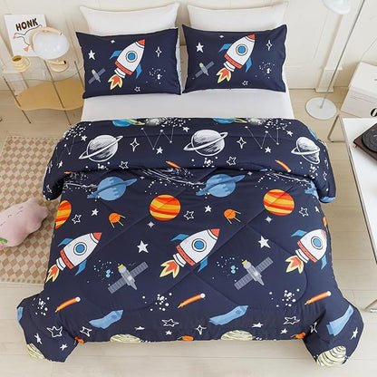 RYNGHIPY Kids Comforter Set Full Size, Cute Space Rocket Bedding Set for Boys Girls, Space Themed Teen Boy Bedding (Space Rocket,Full)