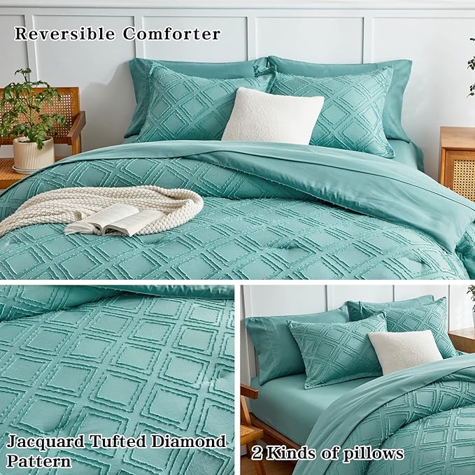 7 Pieces Tufted Bed in a Bag Queen Comforter Set with Sheets Green, Soft and Embroidery Shabby Chic Boho Bohemian, Luxury Solid Color with Diamond Pattern, Jacquard Tufts Bedding Set for All Season