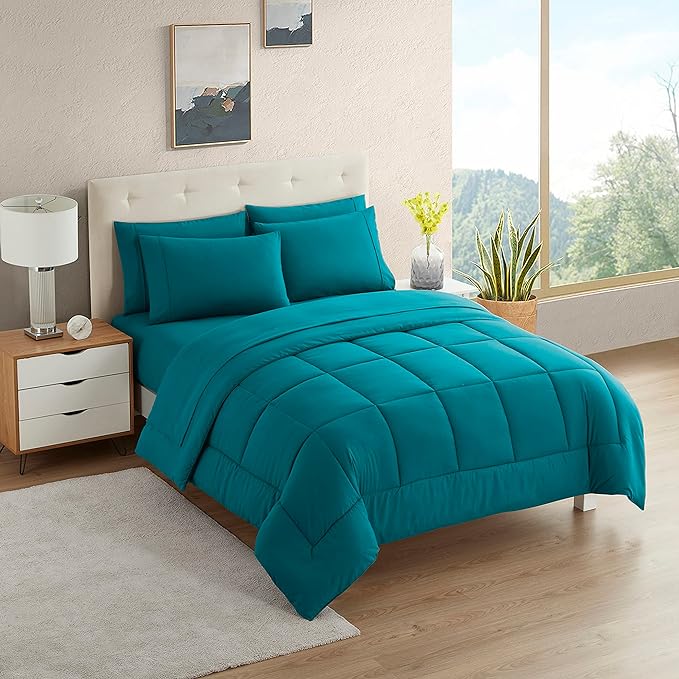 Dorm Room Essentials College Bedding Comforter Set 7 Piece Full Size Bed in a Bag for College Students Boys and Girls, Full, Teal