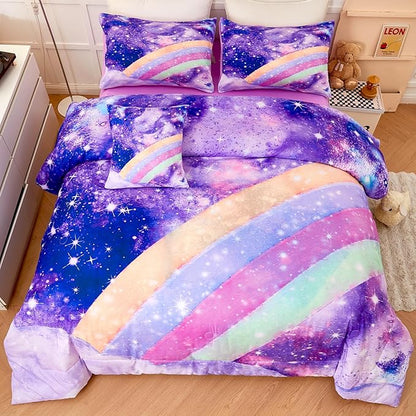 6 Pcs Rainbow Queen Bed in A Bag for Girls/Kids/Teens Purple Tie Dye Comforter Set Galaxy Girls Bedding Comforter Set Soft Gradient Glitter Bed Sets for All Season