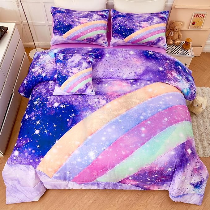 6Pcs Purple Rainbow Twin Size Bedding Set for Girls Gradient Glitter Kids Comforter Sets Tie Dye Girls Bed Set Sparkle Galaxy Bed in A Bag with Sheets