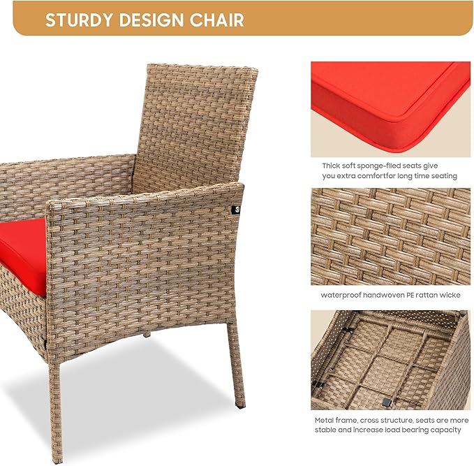 YIYAN 3 Pieces Patio Bistro Set Outdoor Wicker Furniture Outdoor Porch PE Rattan Wicker Chairs Furniture Sets with Sofa Chairs,Glass Coffee Table and Red Washable Cushion