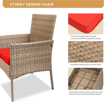 YIYAN 3 Pieces Patio Bistro Set Outdoor Wicker Furniture Outdoor Porch PE Rattan Wicker Chairs Furniture Sets with Sofa Chairs,Glass Coffee Table and Red Washable Cushion