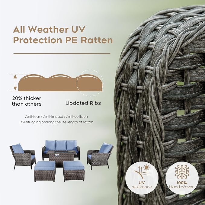 Yechen Patio Conversation Set with 44" Propane Gas Fire Pit Table - 6 Pcs Outdoor Wicker Furniture Set with Lid & Wind Shields - Luxury 7 Seats Sectional Sofa Set for Porch,Backyard