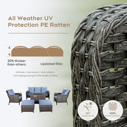 Yechen Patio Conversation Set with 44" Propane Gas Fire Pit Table - 6 Pcs Outdoor Wicker Furniture Set with Lid & Wind Shields - Luxury 7 Seats Sectional Sofa Set for Porch,Backyard