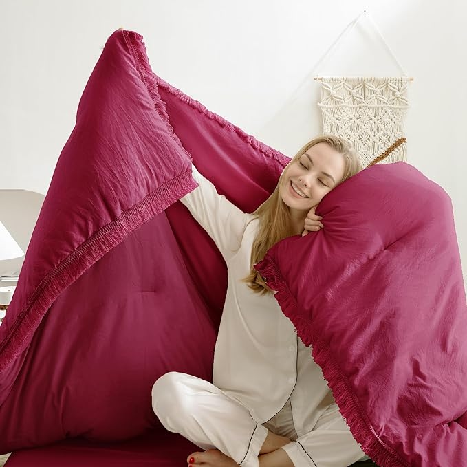 Andency Burgundy Red Tassel Comforter Set Full(79x90Inch), 3 Pieces(1 boho Comforter, 2 Pillowcases) Farmhouse Shabby Chic Comforter Set, Soft Microfiber Lightweight Fringe Bedding Comforter Set