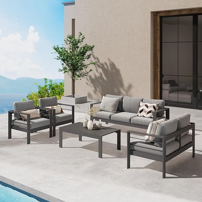 Wisteria Lane Aluminum Outdoor Patio Furniture Set, Modern Patio Conversation Sets, Outdoor Sectional Metal Sofa with 5 Inch Cushion and Coffee Table for Balcony, Garden, Dark Grey