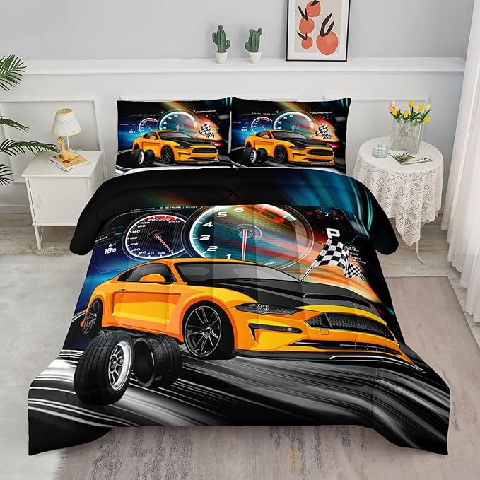 Axolotl Race Car Bedding Set Full Size,Boys Extreme Sports Comforter Set for Kids Boys Car Racing Gifts,Yellow Cool Car Comforter Car Sports Quilt Set 1 Comforter with 2 Pillowcase Car Racing Gifts