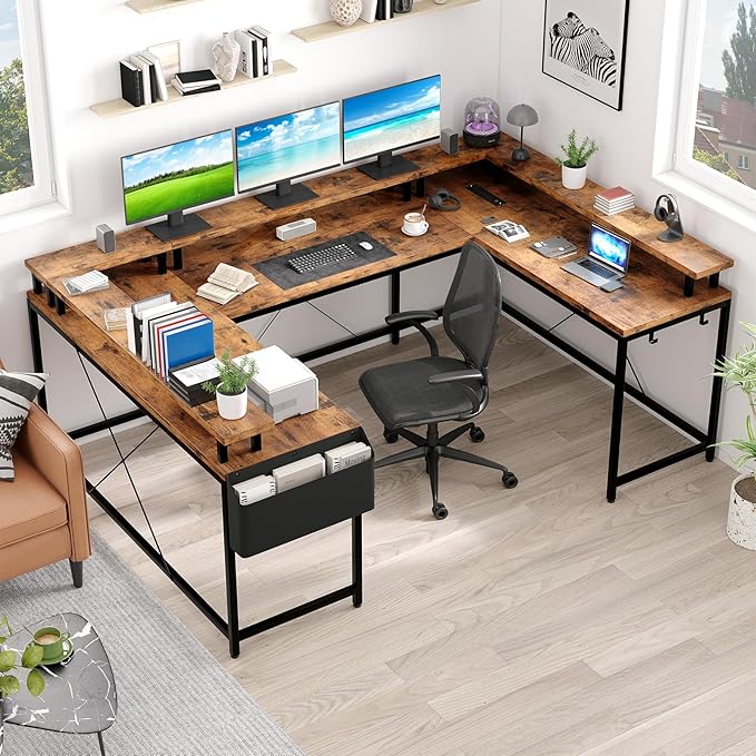 U Shaped Computer Gaming Desk, Reversible L Shaped Desk with Power Outlets, LED Strip & Monitor Stand, Large Corner Desk with Storage Shelves for Home Office, Rustic Brown