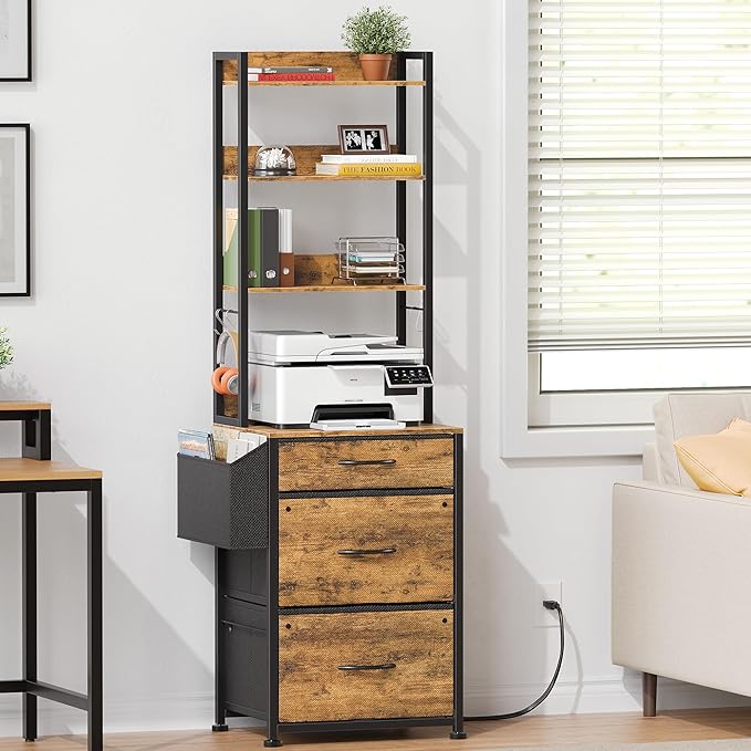 3 Drawer File Cabinet with Charging Station, Fabric Drawer, 4-Tier Tall Filing Cabinet with Adjustable Bookshelf, 69''H File Cabinet for Home Office Fits A4/Letter/Legal, Rustic Brown