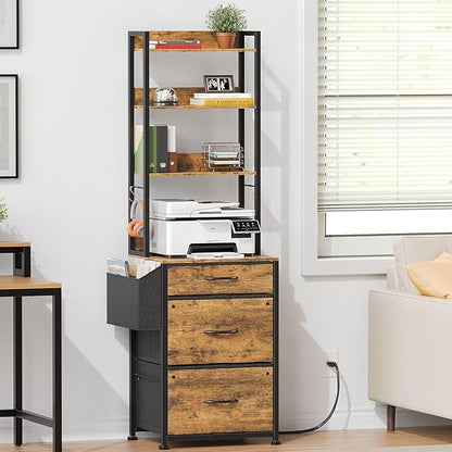 3 Drawer File Cabinet with Charging Station, Fabric Drawer, 4-Tier Tall Filing Cabinet with Adjustable Bookshelf, 69''H File Cabinet for Home Office Fits A4/Letter/Legal, Rustic Brown