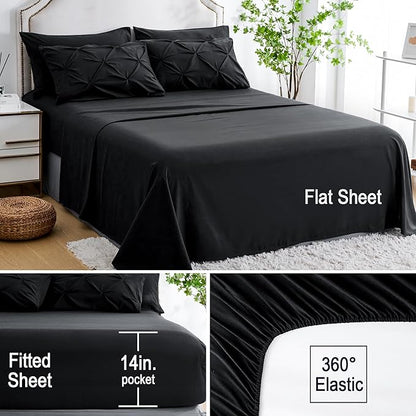 Ubauba 7pc Full Size Comforter Set with Sheets, Pinched Pleat 7 Piece Bed in a Bag Black Bed Set with Comforter, All Season Pintuck Bedding Sets (Black,Full)