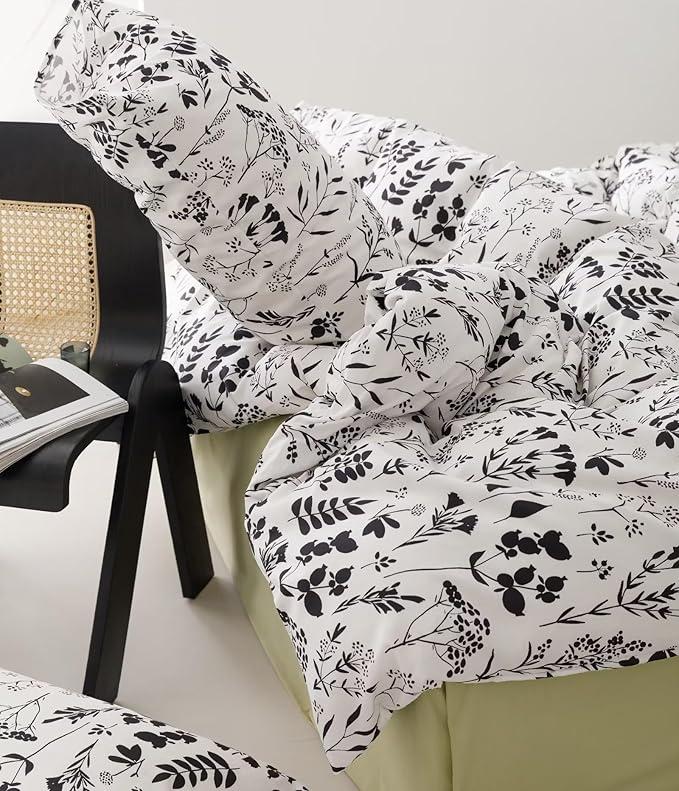 Black Botanical Comforter Set Full White Black Floral Plant Bedding Comforter Set Girls Garden Pattern Printed on White Blanket Rustic Leaf Blossom Women White Farmhouse Comforter Full