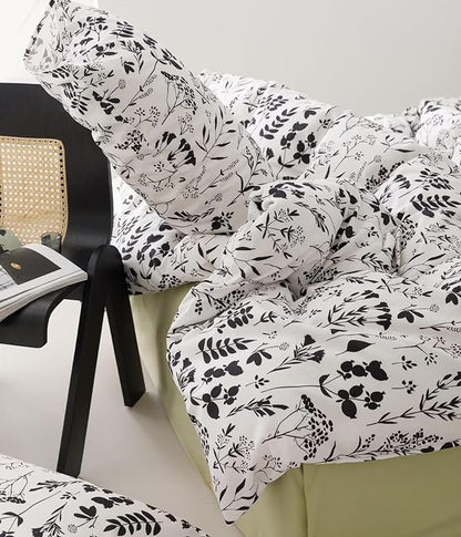 Botanical Comforter Set King White and Black Floral Plant Bedding Comforter Set Girls Garden Pattern Printed on White Blanket Rustic Leaf Blossom Women White Farmhouse Comforter King