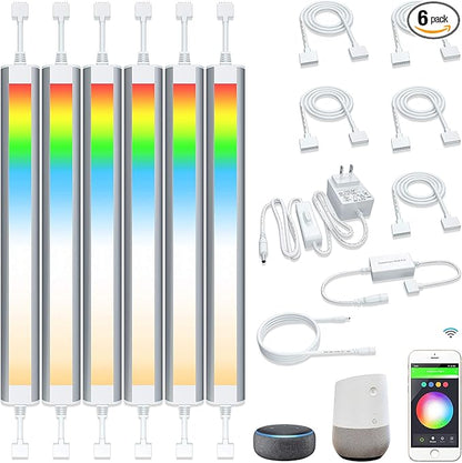 Smart Under Cabinet Lighting Strip Lights White & Color Changing Dimmable Work with Alexa Google Smart Thing Phone App, RGB Multi Colored Lamp for Kitchen Counter Light Fixture (6 Lights Bar Kit)