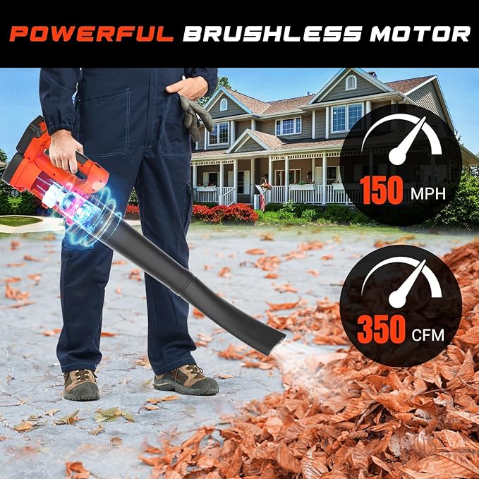 MJF Cordless Leaf Blower, 150MPH, 350CFM, 20V Brushless Motor, 2x2000mAh Batteries and Fast Charger, Lightweight, Electric Blower for Lawn Care, Yard Cleaning