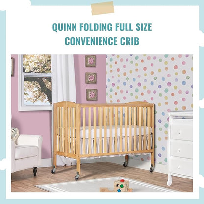 Folding Full Size Convenience Crib In Natural, Two Adjustable Mattress Height Positions, Comes With Heavy Duty Locking Wheels, Flat Folding
