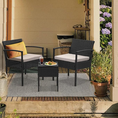 3 Pieces Patio Furniture Set, Balcony Furniture, Patio Bistro Set All-Weather Wicker Chairs Conversation Set with Cushions Table for Outdoor Backyard Porch Lawn (Black-Grey)