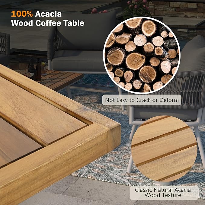 4-Piece Outdoor Patio Furniture Boho Rope Weave Set, Conversation Loveseat Sofa&Chairs with Acacia Wood Table and Thick Cushions, for Garden Backyard Balcony, Onesize, Beige