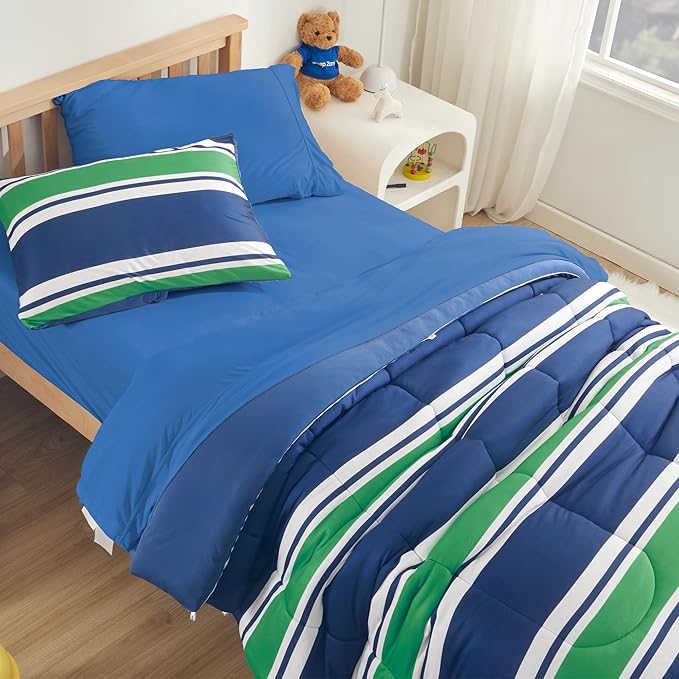 SLEEP ZONE Jersey Knit 3 Pieces Kids Comforter Set, Navy Gree Rugby Stripe Design for Boys and Teens. Durable, Breathable and Easy Care, All Season Use (Rugby Stripe Navy/Green, Full/Queen)
