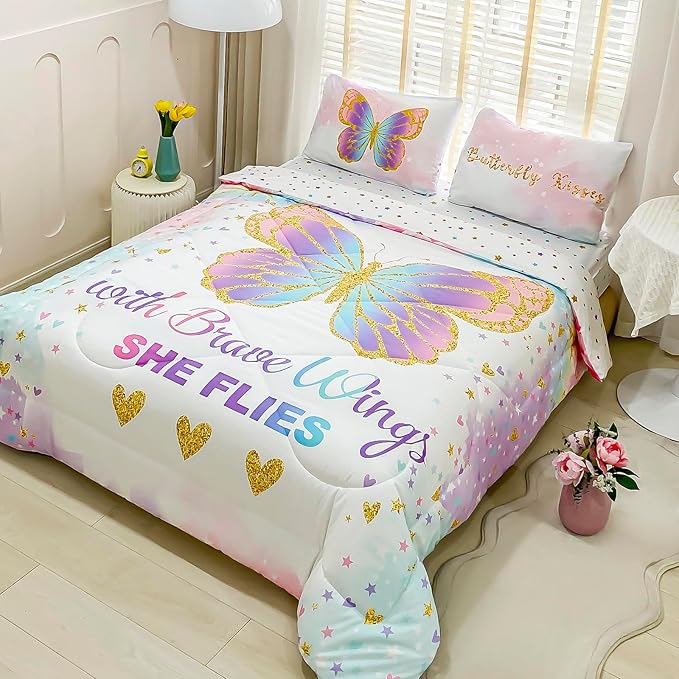 Twin Size Comforter Set for Girls, 5-Piece Bed in a Bag, 3D Colorful Butterfly Bedding Comforter Sheet Set, Ultra Soft and Fluffy, Pink & Rainbow Color