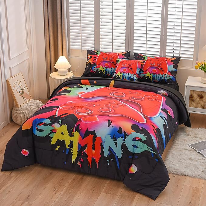 Aimuan Gamer Gaming Bedding Sets 3D Gamepad Comforter Sets for Boys Games Console Action Buttons Novelty Colorful Game Controller Modern Room Decor Home Quilt Set (Black, Twin 6PCS)