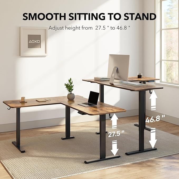 FEZIBO L Shaped Standing Desk Adjustable Height, 63 Inch Electric Stand up Corner Computer Desk, Sit Stand Home Office Desk with Splice Board, Rustic Brown Top/Black Frame