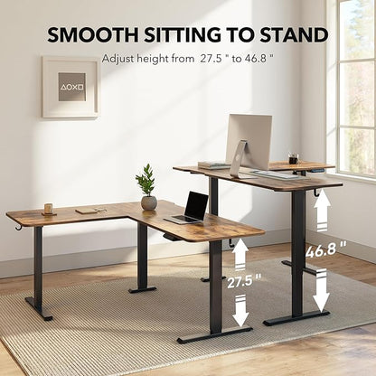 FEZIBO L Shaped Standing Desk Adjustable Height, 63 Inch Electric Stand up Corner Computer Desk, Sit Stand Home Office Desk with Splice Board, Rustic Brown Top/Black Frame