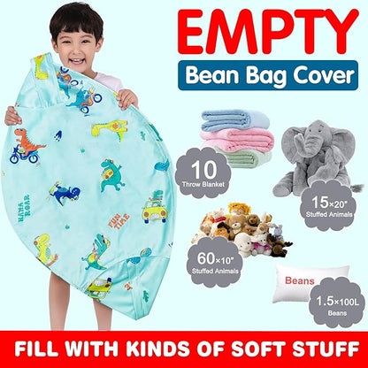 Lukeight Stuffed Animal Storage Bean Bag Chair Cover for Kids, Dinosaur Zipper Beanbag Chair Cover for Organizing Toddler & Kids' Rooms Plush Toys (Dino Blue, Large)