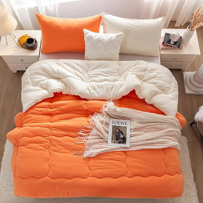 COTTEBED Warm Reversible Ultra-Soft Burnt Orange and Beige Comforter Set Queen, Breathable Fluffy Bedding Down Comforters Sets &2 Pillowshams for Women Girls Winter, Full/Queen Size Bed