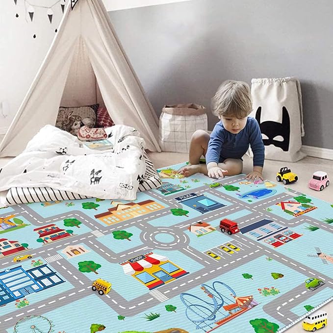 Kids Car Rug, 6x9 City Life Traffic Road Playmat for Toy Cars Trains, Non-Slip Race Track Carpet Educational Fun Area Rugs for Boy and Girl Bedroom Nursery