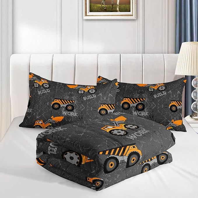 Datura home Construction Truck Comforter Set for Boys Kids Children,Machinery Excavators Vehicles Tractor Bedding Set with 1 Comforter and 2 Pillowcases(Brown Truck Full), Full 80x90inches