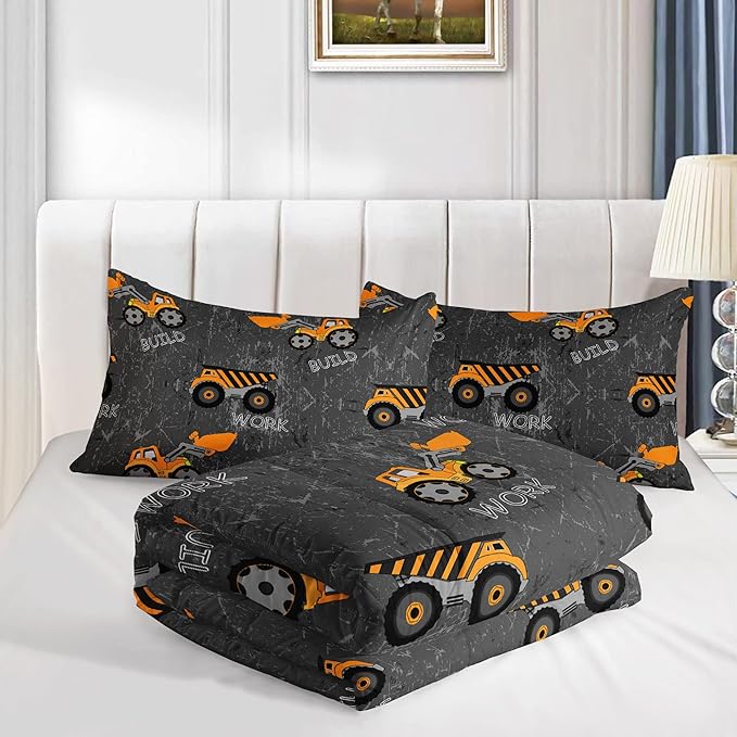 Datura home Construction Truck Comforter Set for Boys Kids Children,Machinery Excavators Vehicles Tractor Bedding Set with 1 Comforter and 2 Pillowcases(Brown Truck), Queen 90x90inches
