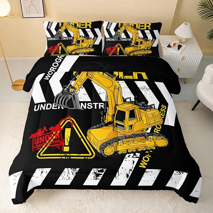 Excavator Comforter Twin Size,Construction Truck Comforter Set for Kids Teens Boys Girls,3Pcs Bedding Set Printed Comforter with 2 Pillowcases,Soft and Lightweight(Black，Twin Size)