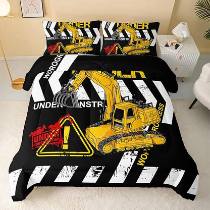 Excavator Comforter Twin Size,Construction Truck Comforter Set for Kids Teens Boys Girls,3Pcs Bedding Set Printed Comforter with 2 Pillowcases,Soft and Lightweight(Black，Twin Size)