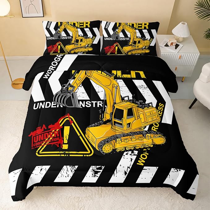 Excavator Comforter Queen Size,Construction Truck Comforter Set for Kids Teens Boys Girls,3Pcs Bedding Set Printed Comforter with 2 Pillowcases,Soft and Lightweight(Black，Queen Size)