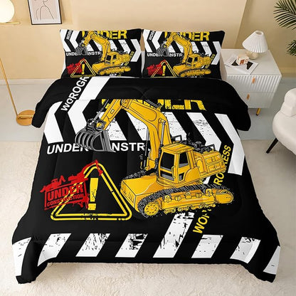 Excavator Comforter Queen Size,Construction Truck Comforter Set for Kids Teens Boys Girls,3Pcs Bedding Set Printed Comforter with 2 Pillowcases,Soft and Lightweight(Black，Queen Size)