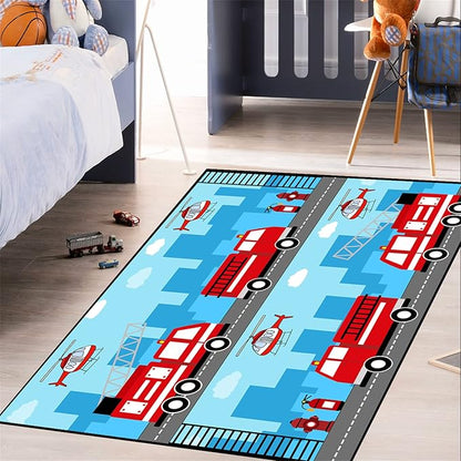 Car Rug Play Mat Car Rug Play Mat Car Rug for Boys Room Fire Fighting Truck Red Car Printed Rug Play Rug for Cars and Trucks Play Rugs for Kids Rooms,Light Blue 3'×5'