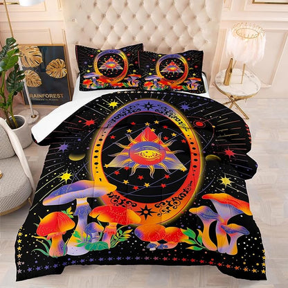 Tailor Shop Celestial Bedding Twin Size,Sun and Moon Bedding for Boys Girls Kids Teens, Mushroom Comforter Gothic Comforter Witchy Comforter Boho Exotic Black Bed with 1 Pillowcases