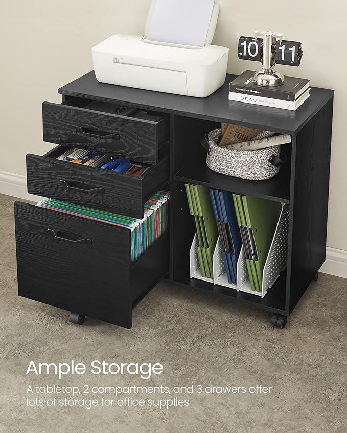 VASAGLE Lateral File Cabinet, Home Office Printer Stand, with 3 Drawers and Open Storage Shelves, for A4, Letter-Size Documents, Black with Wood Grain