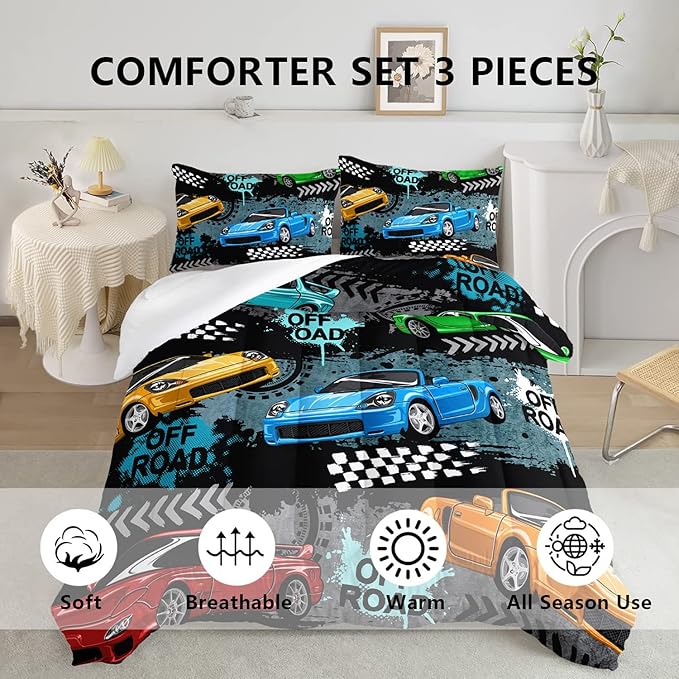 Axolotl Car Comforter Set Full Size,Cool Speed Race Car Comforter for Kids Boys Girls Teens Bedroom,Extreme Sport Quilt Duvet 1 Comforter 2 Pillowcase Car Racing Gifts,Blue Red Orange