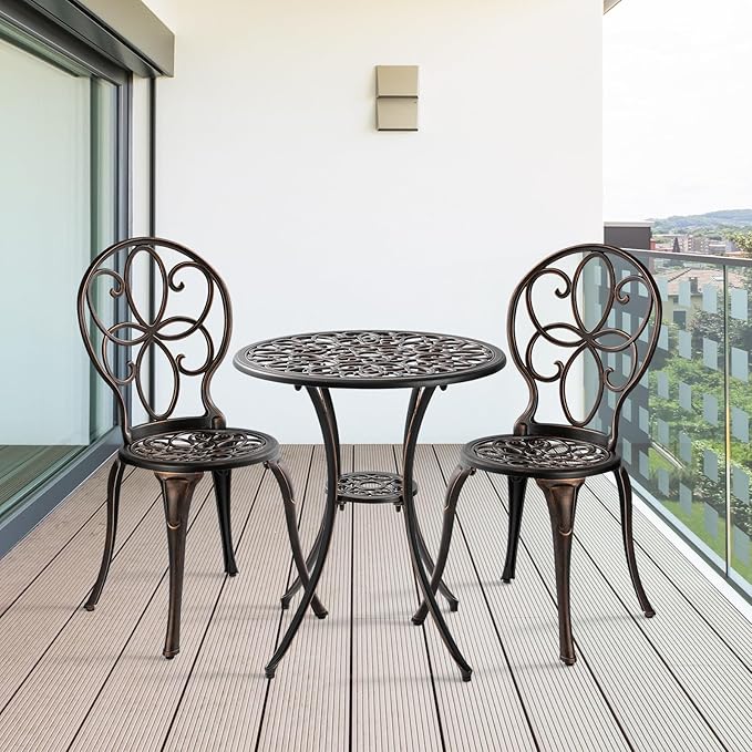 Patio Bistro Sets 3 Piece, Outdoor Bistro Table and Chairs Set of 2 with Umbrella Hole, Cast Aluminum Bistro Set, Patio Furniture for Yard Garden Porch, Bronze