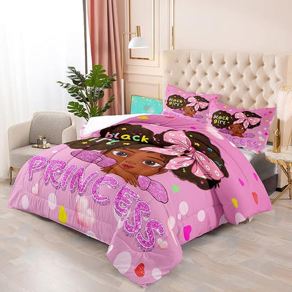 Black Girl Comforter Set Queen, Black African American Girls Queen Comforter Sets, Pretty Pink Princess Queen Comforter Set for Girls Bedroom Decor, Queen (1 Comforter 2 Pillowcases)