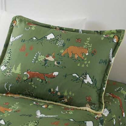 Mi Zone Kids Twin Comforter Set, Reversible Plush Kids Comforter Set, Cozy Plush Reverse Bedding, Winter Fluffy Comforter Bed Set, 1 Sham, Enchanting Forest Animals, Heath, Twin, Sage Green 2 Piece