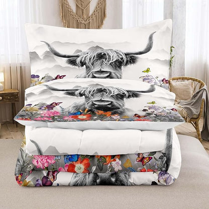 Tailor Shop Highland Cow Comforter Sets King Size,Highland Cow Bedding for Teens Kids Man,Cattle Western Bedding Wildlife Farmhouse Bull Mountain Flower Comforter with 2 Pillowcase