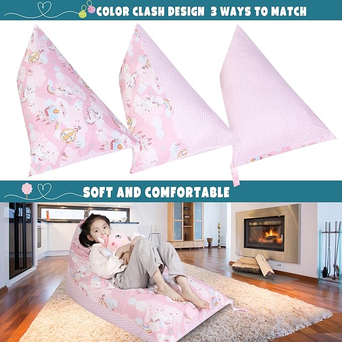 Stuffed Animal Storage Bean Bag Chair Cover, Cotton Pink Unicorn Plush Toy Storage Stuff and Sit Seat for Kids/Teens/Adults, 52" x 31" Extra Large Triangle Floor Sofa, 200L/52Gal, Cover Only