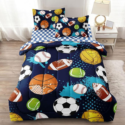 Kids Boys Comforter Set Full Bed in a Bag w/Sheet Sets, Blue Full Bedding Sets for Teens Soccer Basketball Baseball Football Sports Themed Bedroom Decor Reversible Design